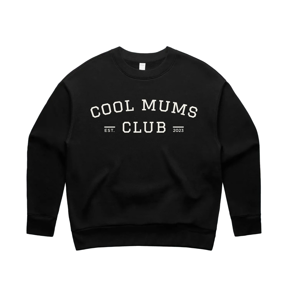 Black women’s crew sweatshirt with bone varsity Cool Mums Club logo front print