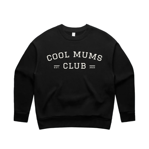 Black women’s crew sweatshirt with bone varsity Cool Mums Club logo front print