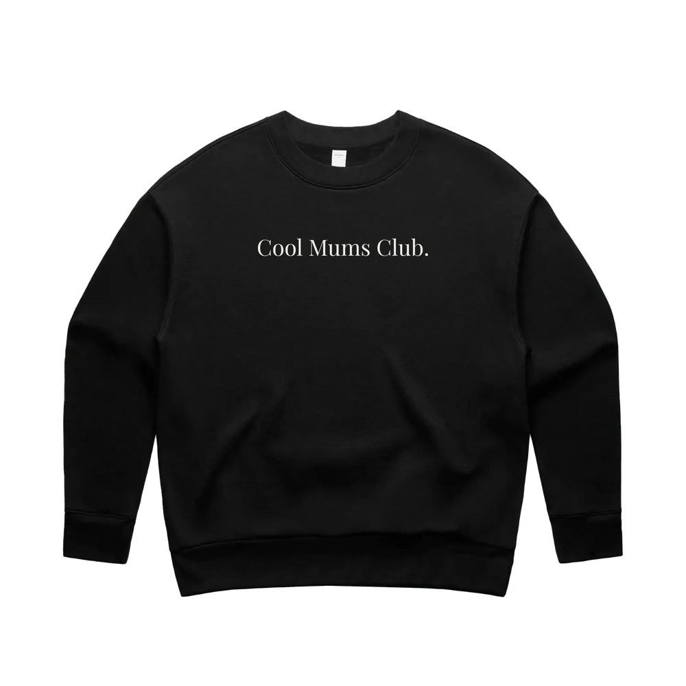 Black Cool Mums Club crew sweatshirt with Bone logo front print