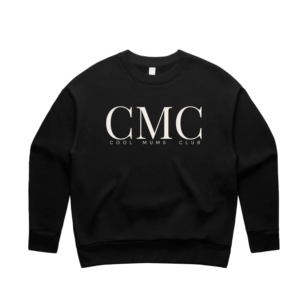 Black crew sweatshirt with Bone CMC monogram logo front print