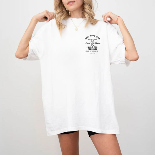 Cool Mums Club Built for Pressure Proud Member Varsity Logo Tee - Fresh White