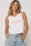 Woman wearing the white CMC Crop Tank with red Cool Mums Club logo