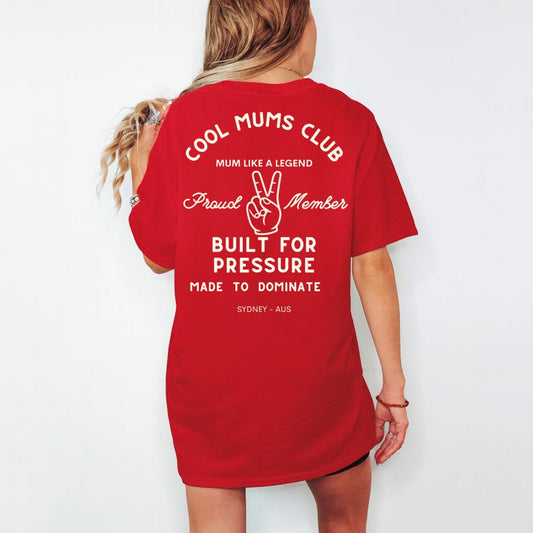 Cool Mums Club Built for Pressure Varsity Logo Tee - Hot Mum Red (Limited Edition)