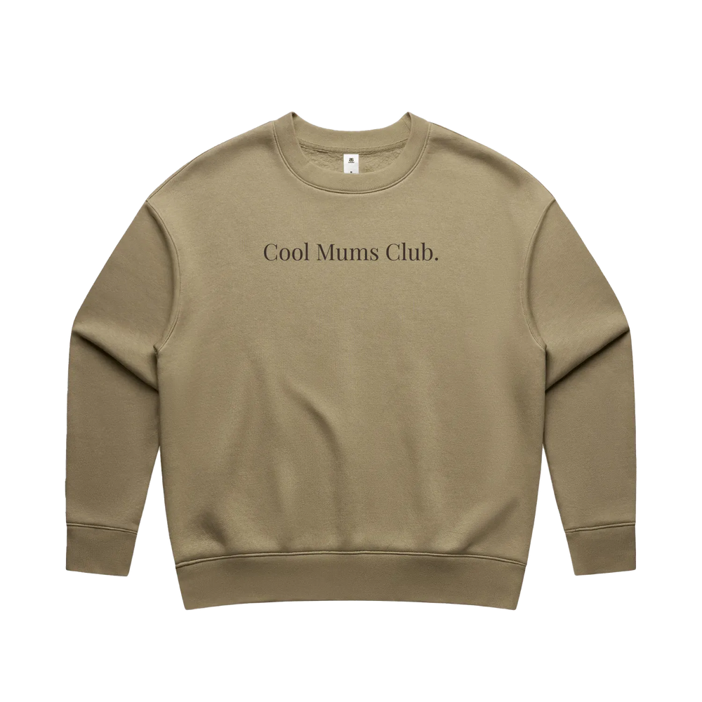 Sand oversized fleece crew featuring Cool Mums Club branding