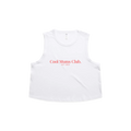 White CMC Crop Tank with red Cool Mums Club logo